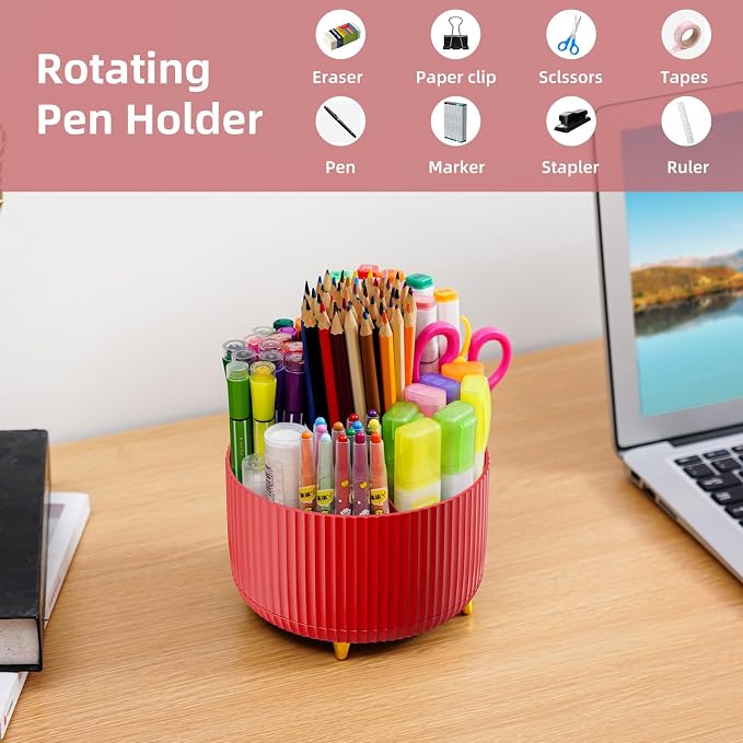 Marbrasse Desk Organizer, 360-Degree Rotating Pen Holder for Desk, Desk Organizers and Accessories with 5 Compartments Pencil Organizer, Art Supply Storage Box Caddy for Office, Home (Red)
