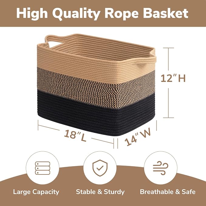 Goodpick Large Woven Basket 18" x 14" x 12" Cotton Rope Storage Baskets for Organizing, Rectangle Wicker Laundry Basket with Handles, Toy Baskets for Kids, Black & Jute