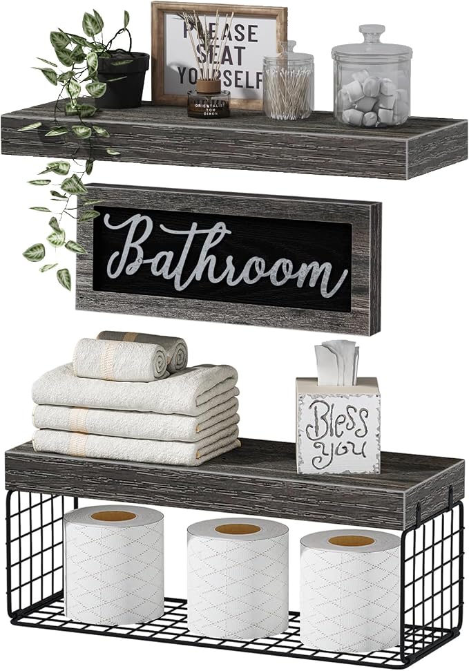QEEIG ‎Bathroom Shelves Over Toilet - Paper Storage Wall Mounted Farmhouse Decor Decorations Aesthetic Décor Sign Small Floating Shelf 2+1 Set 16 inch, Grey (020GY)