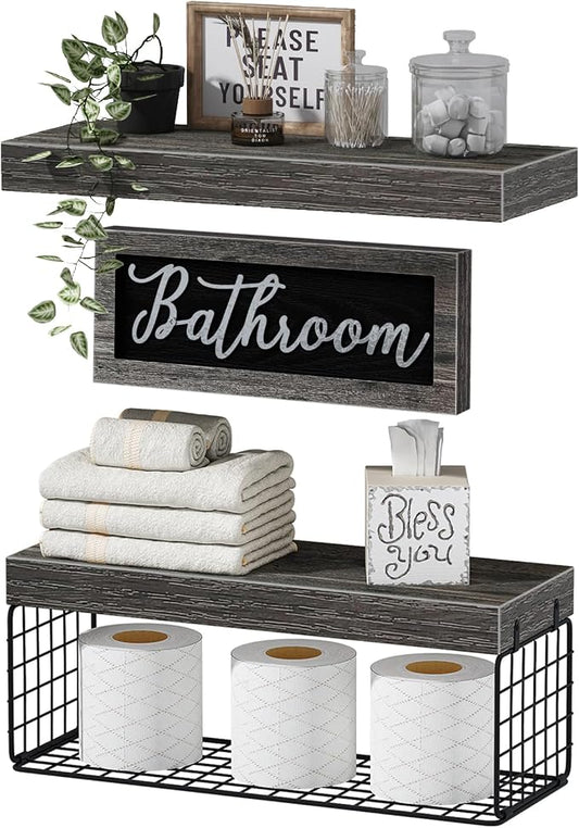 QEEIG ‎Bathroom Shelves Over Toilet - Paper Storage Wall Mounted Farmhouse Decor Decorations Aesthetic Décor Sign Small Floating Shelf 2+1 Set 16 inch, Grey (020GY)