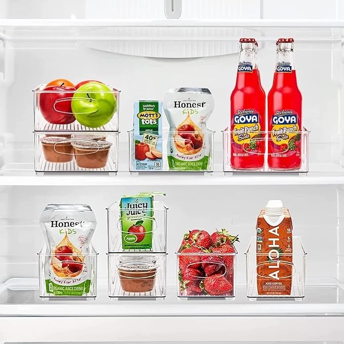 Sorbus Stackable Refrigerator Organizer Bins - Set of 4 Clear Storage Bins for Kitchen Pantry, Freezer & Fridge Organization - Food Organizing Plastic Containers with Handles for Countertops & Drawers