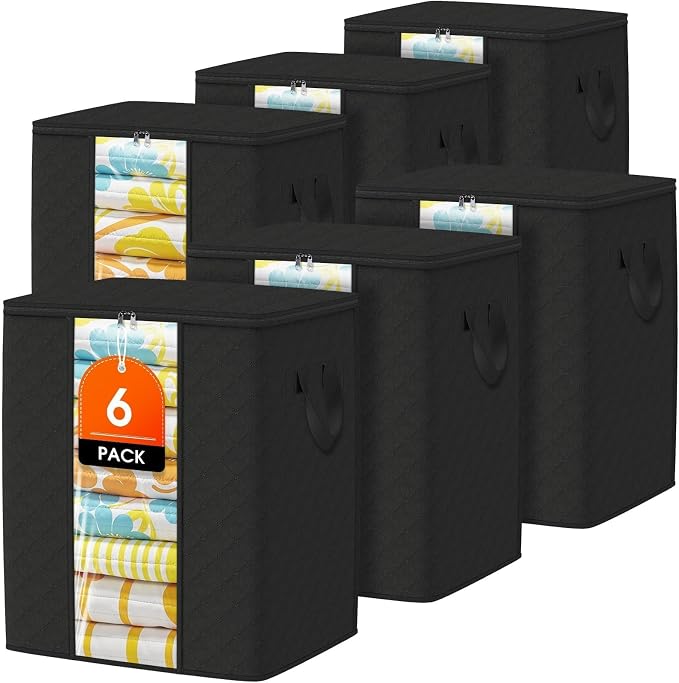 SpaceTrove Clothes Storage Bags, 6-Pack Comforter Blanket Organizers, 80L Large Capacity Containers with Visual Window for Clothing, Quilt, Sheet, Pillow, Closet Organization for Bedding (Black)