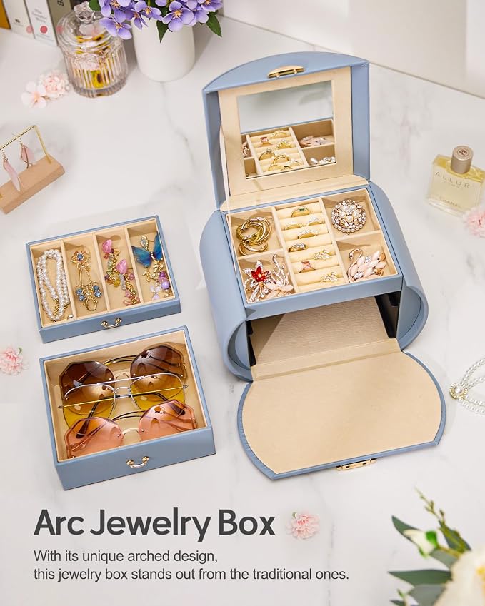 Homde Girls Jewelry Box Jewelry Storage Case Organizer Faux Leather with Mirror for Rings, Earrings, Bracelets, Necklaces (Grey Blue) - Gifts for Mother's Day