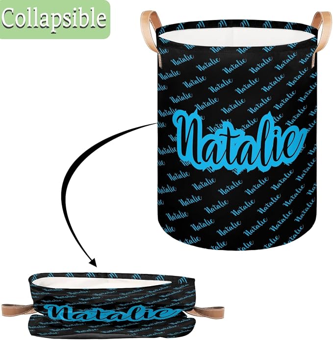 Personalized Laundry Basket, Custom Gift Laundry Hamper, Collapsible Nursery Waterproof Laundry Baskets, Dirty Clothes Toy Hamper with Handles Name Black Blue