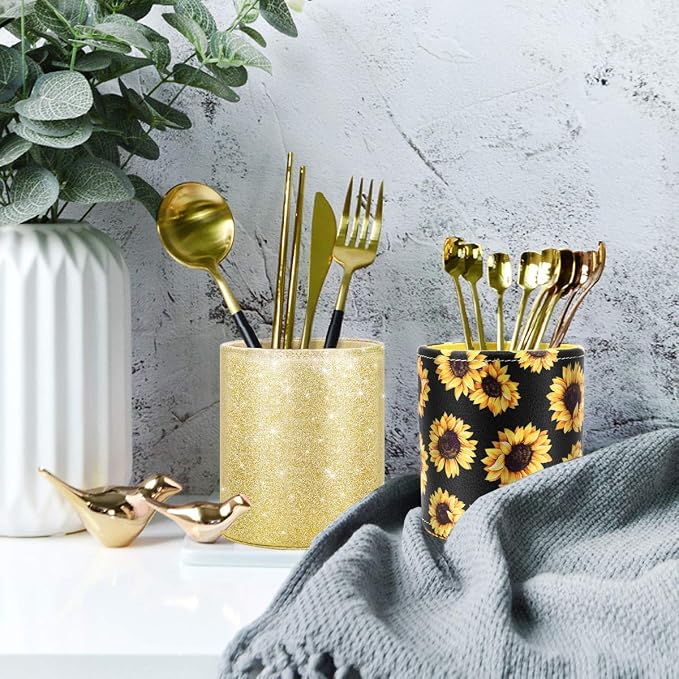Gold Pencil Holder, Decorative Pens Holder for Desk, Makeup Brushes Organizer for Table, Large Pu Leather Multi-Functional Organizer Cup for Office, Classroom, Home, Champagne Gold