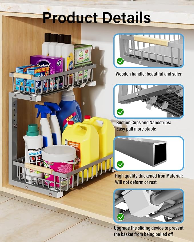Under Sink Organizer Storage for Families: Pull Out Storage Undersink Organizers Drawer Cabinet - Sliding 2 Tier Rack Metal Organization Under Counter Kitchen Bathroom for Homemakers(Gray,1 Pack)