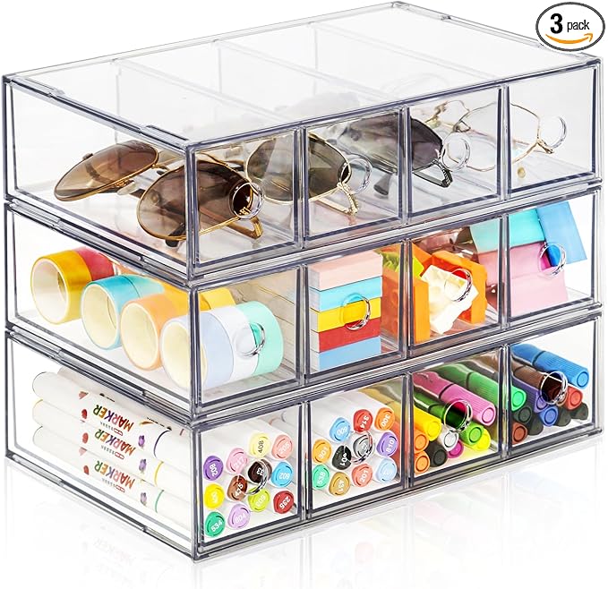 Desk Organizer with 12 Drawers, FODIENS 3 Packs Stackable Desktop Storage Box with Removable Drawer, Clear Sunglasses Organizer Display Case for Stationery Marker Pens Eyeglasses Office Supply