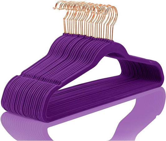 MIZGI Premium Velvet Hangers (50 Pack) Heavy Duty - Non Slip Felt Pads - Velvet Suit Hangers Dark Purple - Rose Gold Hooks, Space Saving