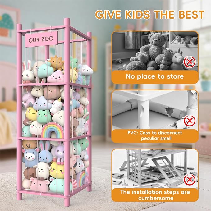 Stuffed Animal Storage Organizer, 53.5" Solid Wood Zoo Toy Holder for Kids Bedroom, Nursery & Playroom, Large Plush Toy Storage Holder, Holds 40 Plush Stuffed Animals, No-Tool Easy Assembly