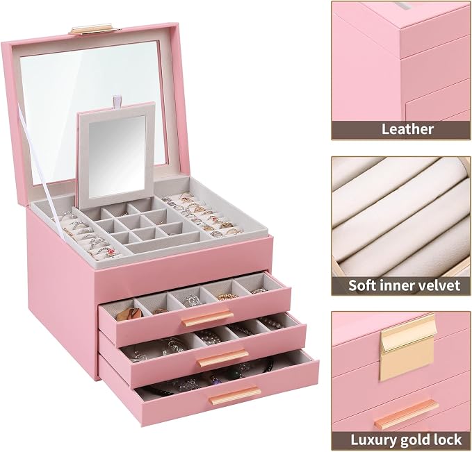 BOOVO Clear Lid Jewelry Box,3 Layers Jewelry Organizer Large Jewelry Storage Box with 2 Drawers,Jewelry Holder Organzier of Rings Earrings Necklace Bracelets for Women (Pink, 4 Layer)