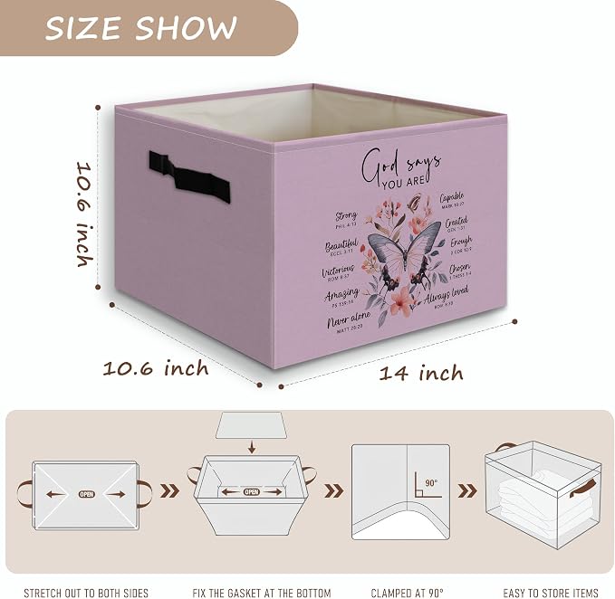 Purple Christian Foldable Basket Storage Bins Box with Handles, God Says You Are Bible Verse Butterfly Collapsible Organizer Basket for Girly Room Bedroom Bathroom Clothes Toys Books