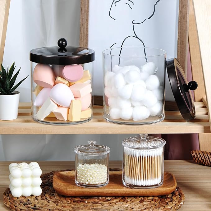 SheeChung 3-Pack Plastic Apothecary Jars with Bronze Metal Lids - Large 50oz, 25oz & 15oz Clear Acrylic Storage Set - Shatterproof Bathroom Vanity & Kitchen Organizer - Modern Farmhouse Rustic Decor