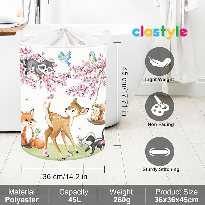 Clastyle Forest Animal Baby Storage Basket Leaf Kid Laundry Hamper Boy Girl Gift Toy Box Collapsible Clothes Organizer Nursery Bin for Bedroom, Cherry Deer, 36x45 cm