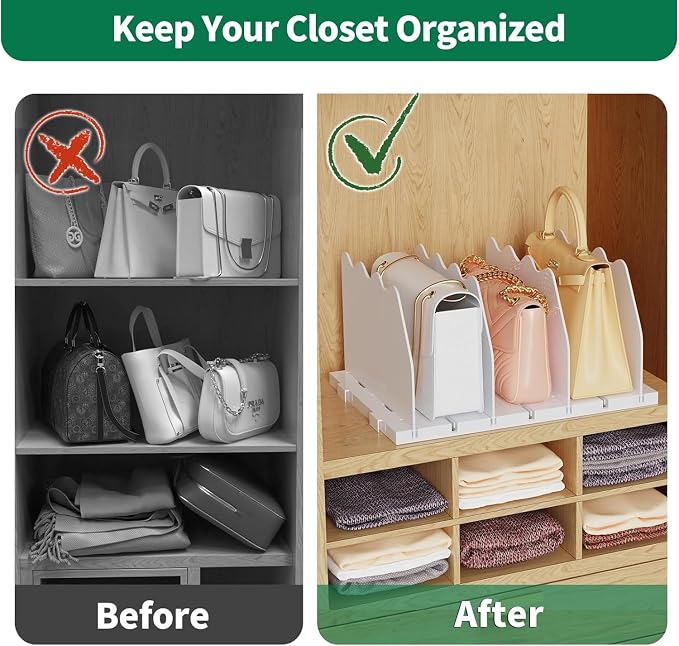 SPACEKEEPER Shelf Divider for Closet, 2 Pack Adjustable Purse Organizers Handbag Separators Storage Organizer Bookshelf Separator Dividers in Bedroom Office Kitchen Bathroom, White