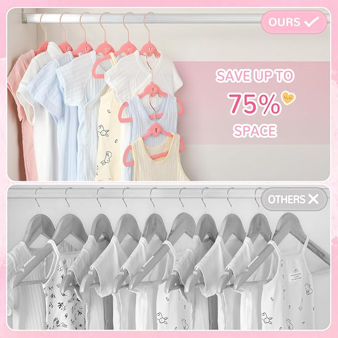 Baby Velvet Stackable Hangers 30 Pack, 11 Inches Pink Kids Clothes Hangers for Closet, Non Slip Toddler Infant Hanger for Nursery, Thin Space Saving Children Felt Hanger with 360° Swivel Hooks