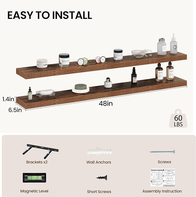 Vivelove 48 Inch Floating Shelves Wall Mounted for Display, 6.5 Deep Duty Shelves with Invisible Brackets for Living Room,Bedroom,Kitchen, Bathroom Storage & Decor,48" Wx6.5 Dx1.4 H - Rustic Brown