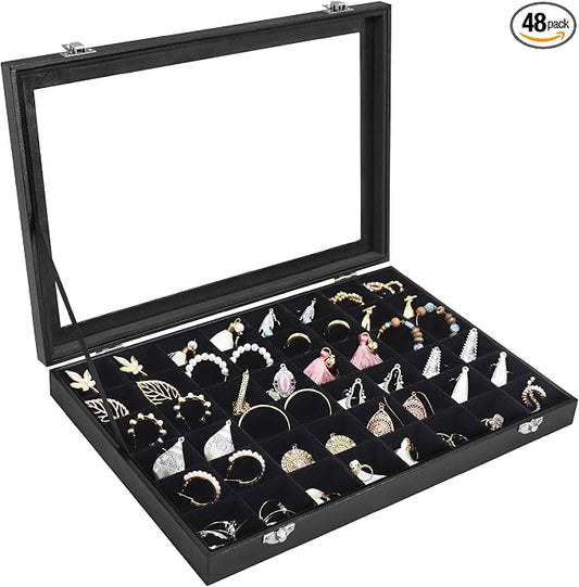 Siveit Jewelry Tray Organizer Box 48 Grid Jewelry Display Organizer Box with Transparent Lid Rings Earrings Necklaces Pendants Display Box Suitable for Women and Girls (48 Grid, Black)