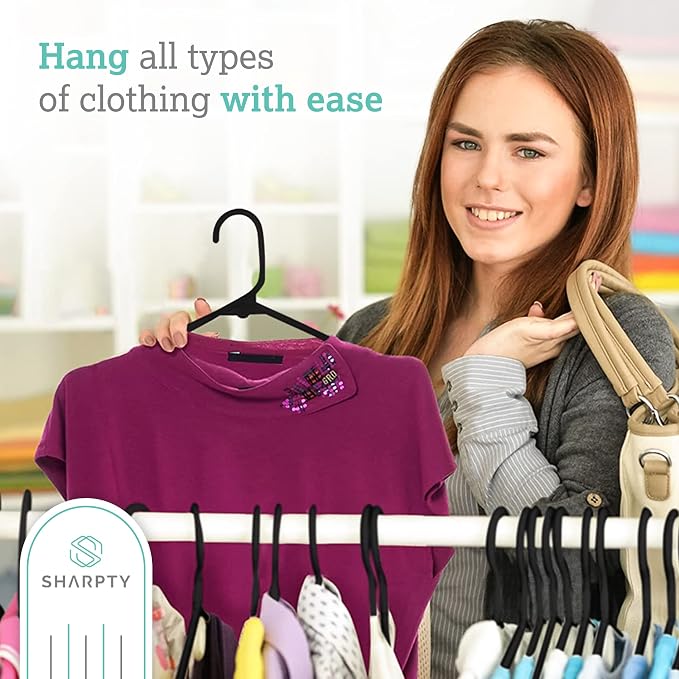 Sharpty Plastic Hangers Clothes Hangers for Clothing, Closet, Coats & Shirts - Notched, Durable & Space Saving - for Everyday Standard Use, Room Essentials & Basics - 50 Pack - Black