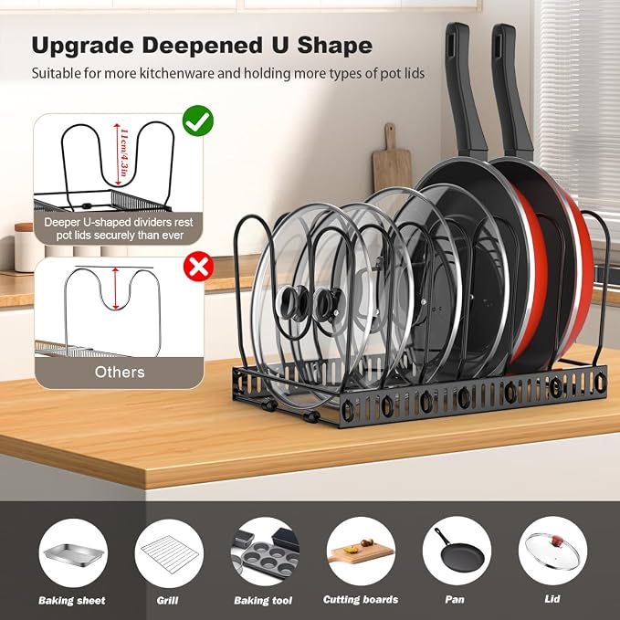 Housolution Pot and Pan Lid Organizer Holder Storage Rack, Black | 7 Adjustable Dividers, Sturdy Metal Construction, Easy Assembly