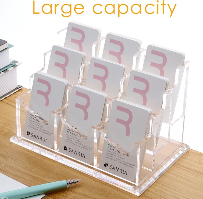 SANRUI Vertical Business Card Holder for Desk，Clear Acrylic Business Card Display Stand，9 Slots 3 Tier ，Holds 450 Cards