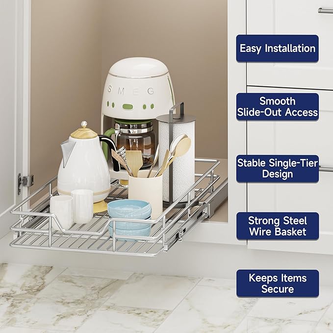 Pull Out Cabinet Organizer, 15.5" W x 21.5" D, Heavy Duty Chrome Slide Out Shelf for Base Cabinets, Sliding Wire Basket Drawer for Pantry Items, Bowls, Containers & Cleaning Supplies