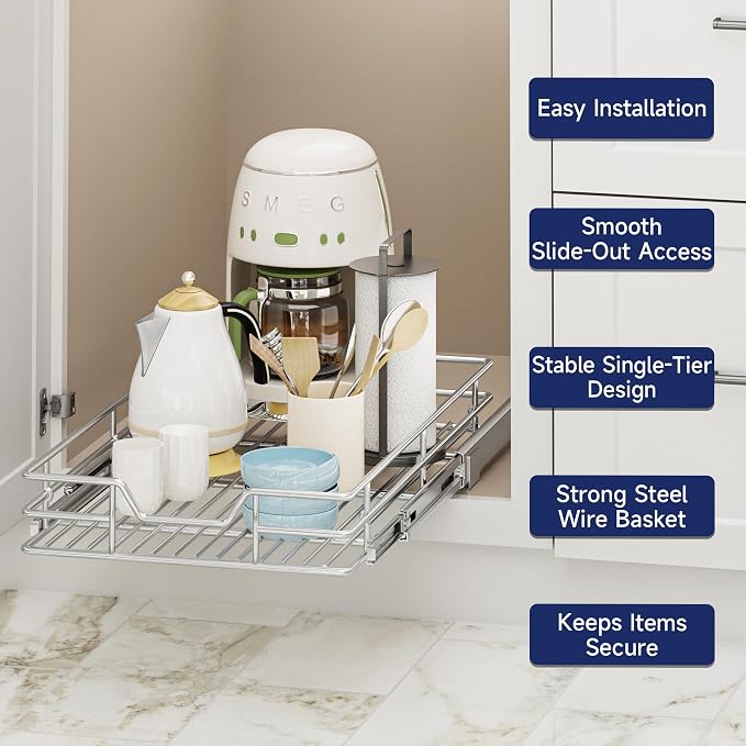 Pull Out Cabinet Organizer, 16.5" W x 21.5" D, Heavy Duty Chrome Slide Out Shelf for Base Cabinets, Sliding Wire Basket Drawer for Pantry Items, Bowls, Containers & Cleaning Supplies