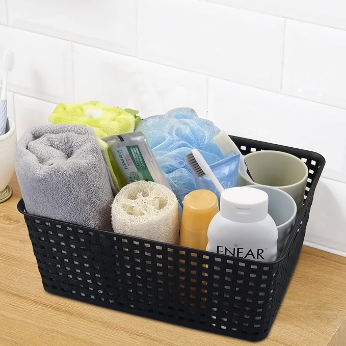 Morcte Plastic Weave Shelf Basket, 4-Pack Plastic Baskets Organizer, Black