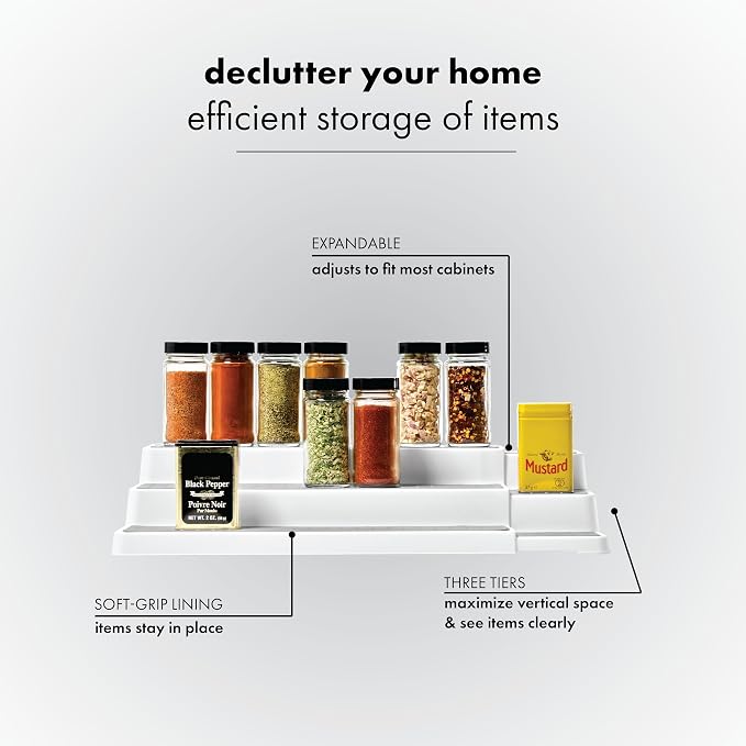 madesmart 3-Tier Expandable Spice Rack Organizer, Pantry & Countertop Organizer, 15 Inch Tiered Shelf, Slip-Resistant Design for Jars and Bottles, White