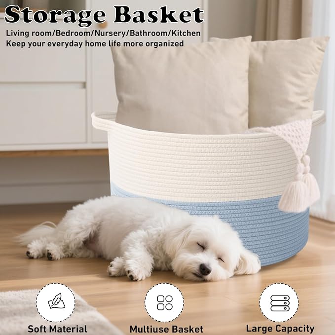 115L Extra Large Woven Cotton Rope Blanket Basket with Handles, Laundry Hamper Storage Bin for Pillows, Comforters,Clothes, Toys, Nursery, Bedroom and Living Room Organization,White&Blue