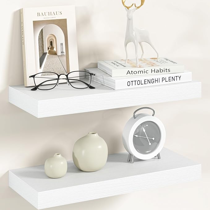 Vivelove 16 Inch Floating Shelves Wall Mounted for Display, 6.5 Deep Duty Shelves with Invisible Brackets for Living Room,Bedroom,Kitchen, Bathroom Storage & Decor,16" Wx6.5 Dx1.4 H - White