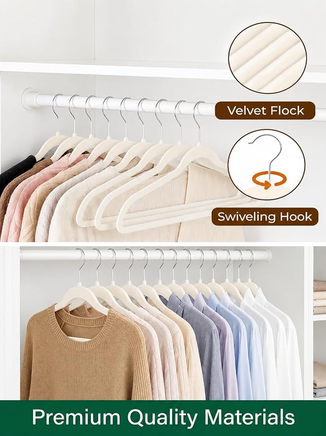 HOUSE DAY Ivory Velvet Hangers 50 Pack - Non Slip Felt Hangers Closet Essentials, Premium Space Saving Hanger, Gentle on Clothes, Sturdy Shoulder Design