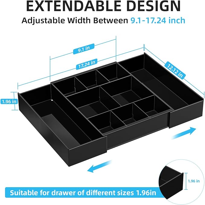 Marbrasse Expandable Desk Drawer Organizer, Clear Plastic Drawer Organizer Tray with 10 Adjustable Compartments, Desk Organizers and Accessories, 5 Drawer Dividers for Office Supplies, Makeup(Black)