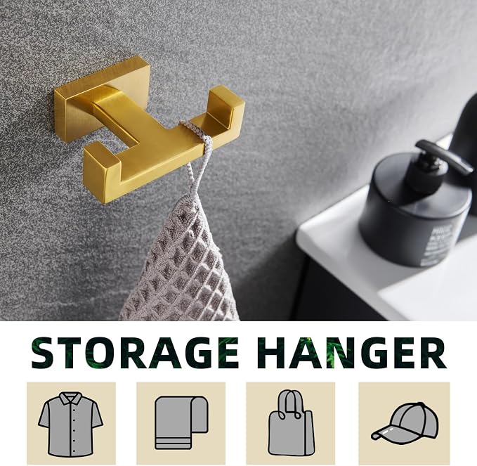 APLusee Double Robe Towel Hook Brushed Dark Gold, 304 Stainless Steel Bathroom Hand Towel Holder, Clothes Wall Hanger for Toilet Kitchen Cabinet