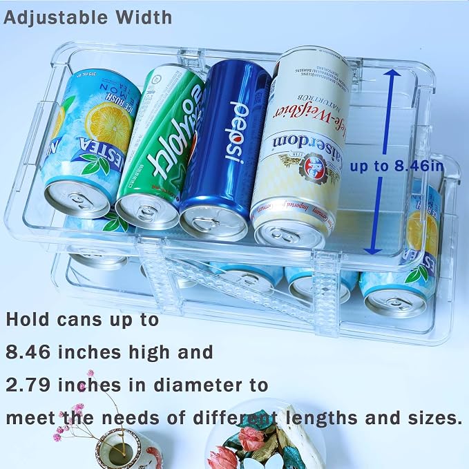2 Pack Soda Can Dispenser for Refrigerator,Adjustable Width Soda Can Organizer,Stackable Drink Organizer for Fridge,Pantry,Cabinet,Soda Holder for Refrigerator