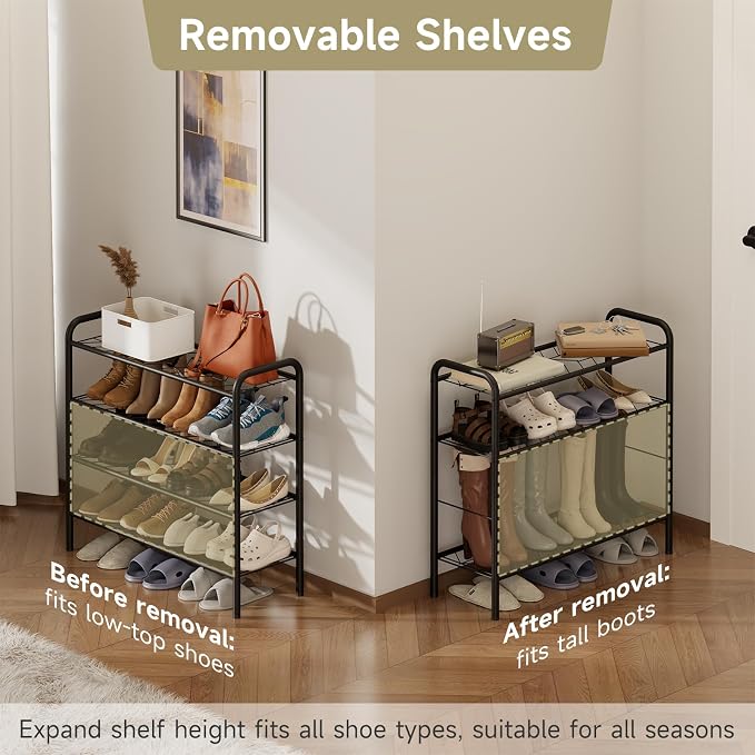 Shoe Rack,Long Shoe Organizer for Closet,Wide Shoe Storage for Entryway, 4 Tier Sturdy Metal Free Standing Shoe Shelf