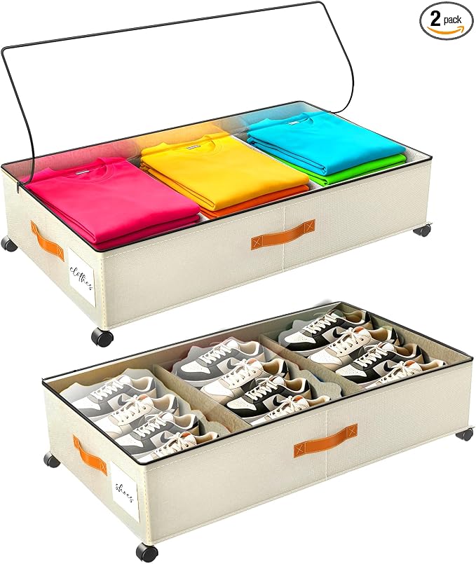 Under Bed Storage with Wheels, Rolling Storage Containers with Clear Lid and Handles for Clothes, Shoes, Blankets, Pillows, Toys, Books, Bags (60L, 30.9 x 16.9 x 6.7in, Beige, 2 Pack)