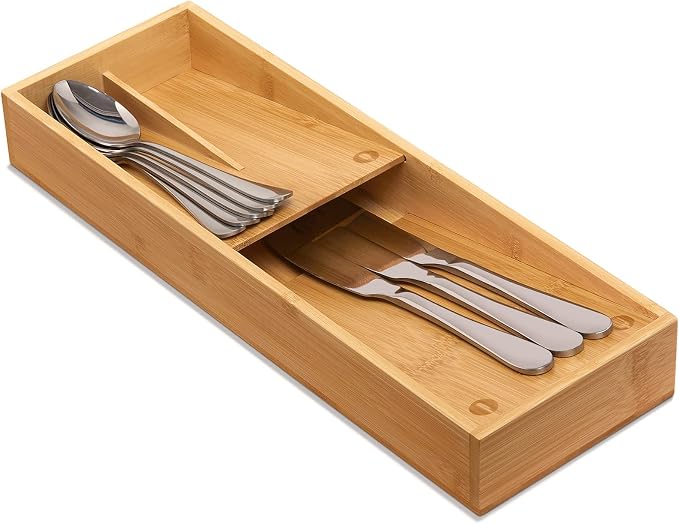 guiogc Bamboo Silverware Drawer Organizer, Kitchen Cutlery Tray,Utensil Holder for Spoons, Forks, Knives in Kitchen
