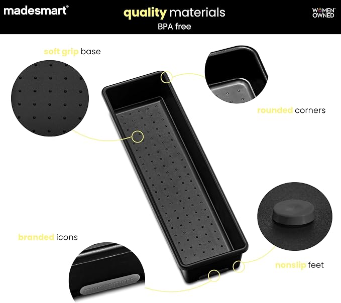 madesmart Classic 13 x 4 Long Storage Bin, Carbon | non slip feet, rounded corners, open compartment, soft grip lining, utensils tools supplies, office craft items, woman owned