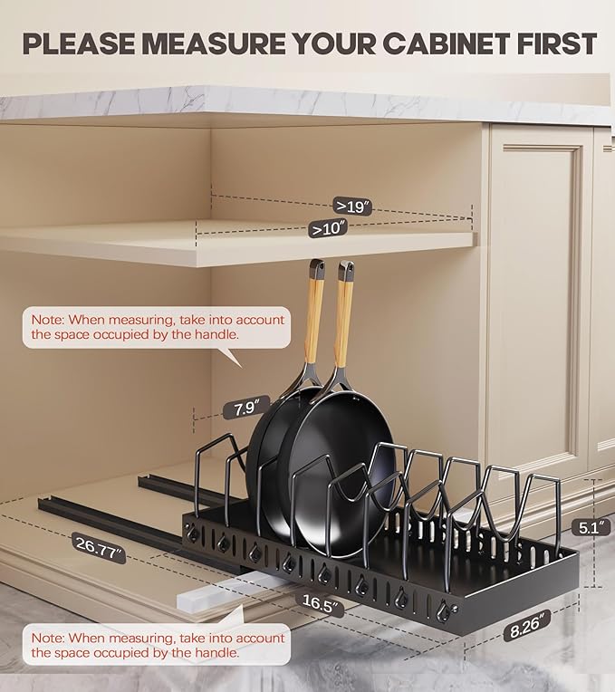 Lozovin Pull Out Pots and Pans Organizer Under Cabinet, Sliding Lid Holder and Pan Rack in Kitchen, Slide Out Inside Cabinet Storage for Pot Lid, Bakeware, Dishes, 8 Adjustable Dividers, 2 Pack Black