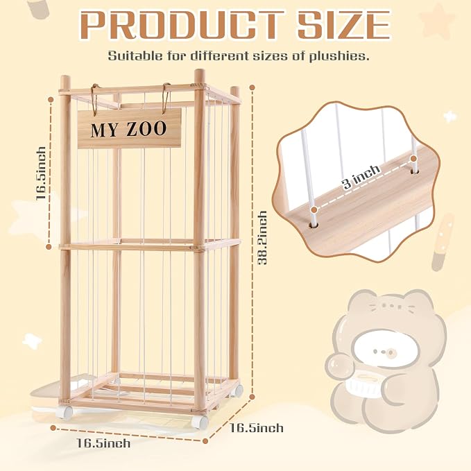 GLDZI Stuffed Animal Storage Zoo with Wheels, Wooden Stuffed Animal Organizer with Elastic Cords, Space Saving Toy Plushies Storage Holder for Playroom, Bedroom, Living Room(Burlywood, Small)