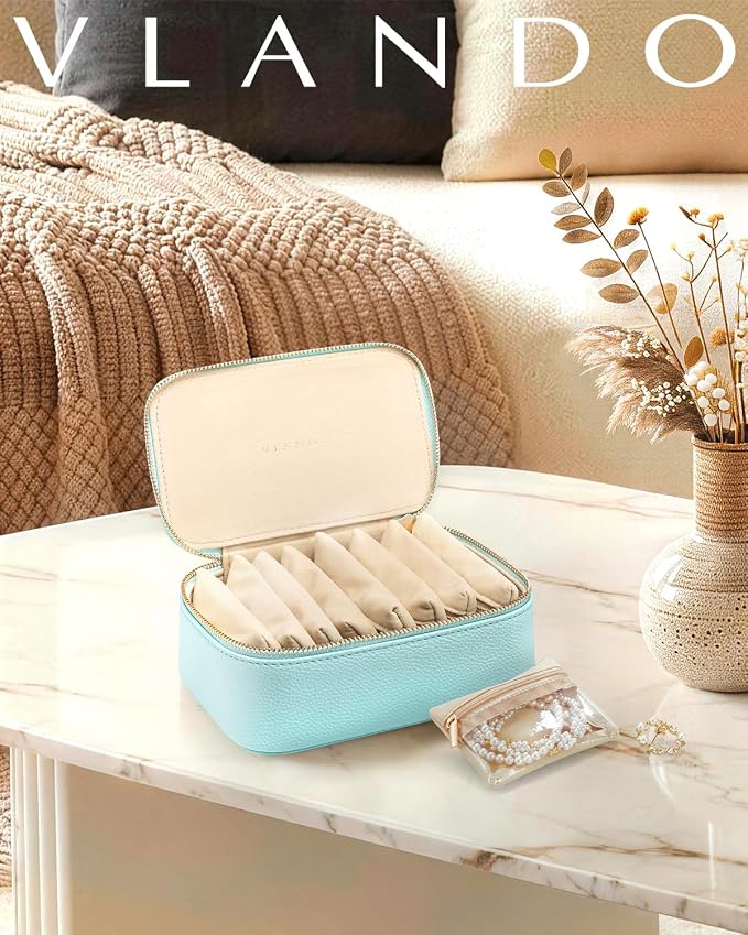 VLANDO Jewelry Travel Organizer with 8 Velvet Jewelry Bags Travel Jewelry Storage Box Jewelry Case for Necklace Rings Earrings Trendy Christmas Birthday Graduate Gifts for Women-Lake Blue