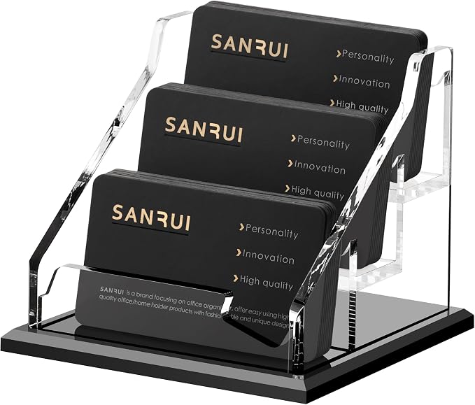 SANRUI Black Business Card Holder for Desk 3 Slot , Clear Acrylic Horizontal Name Card Stand for Women and Men, Desktop Organizer Display for Office Home Exhibition - 180 Card Capacity 1 Pack