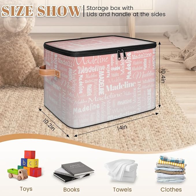 Custom Storage Basket with Name, Personalized Keepsake Box with Zipper Lid, Foldable Fabric Memory Bin Large capacity with Handle Pink White