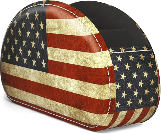 Leather Remote Caddy Desktop Organizer with 5 Spacious Compartments for TV Remotes/Media Controllers/Office Supplies (American Flag)