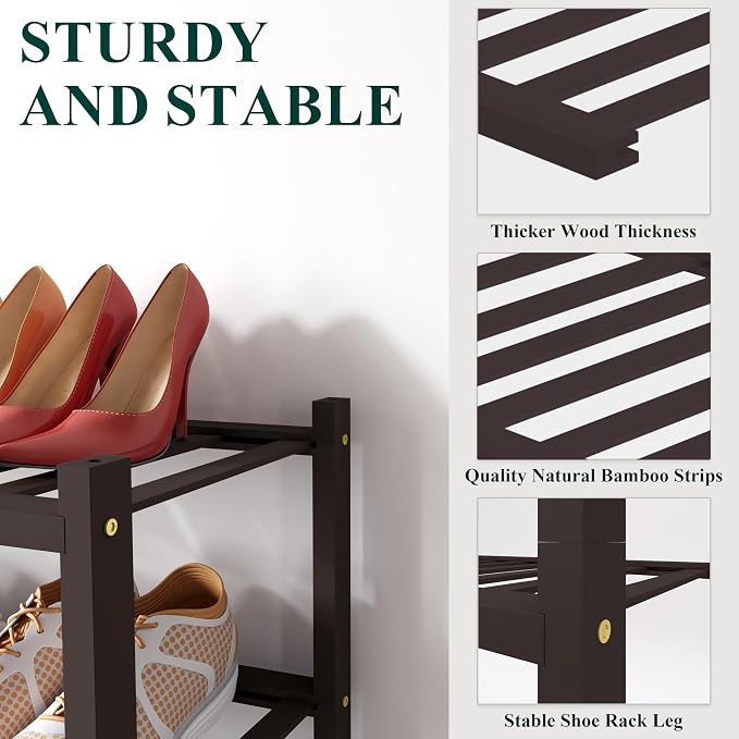 Smiry Bamboo Shoe Rack for Closet, 2 Tier Small Wooden Shoe Organizer, Stackable Wood Shoe Storage Shelf for Entryway, 14 Vertical Slats, One-piece Heavy-Duty Legs, 17.32"x11.02"x12.99", Brown