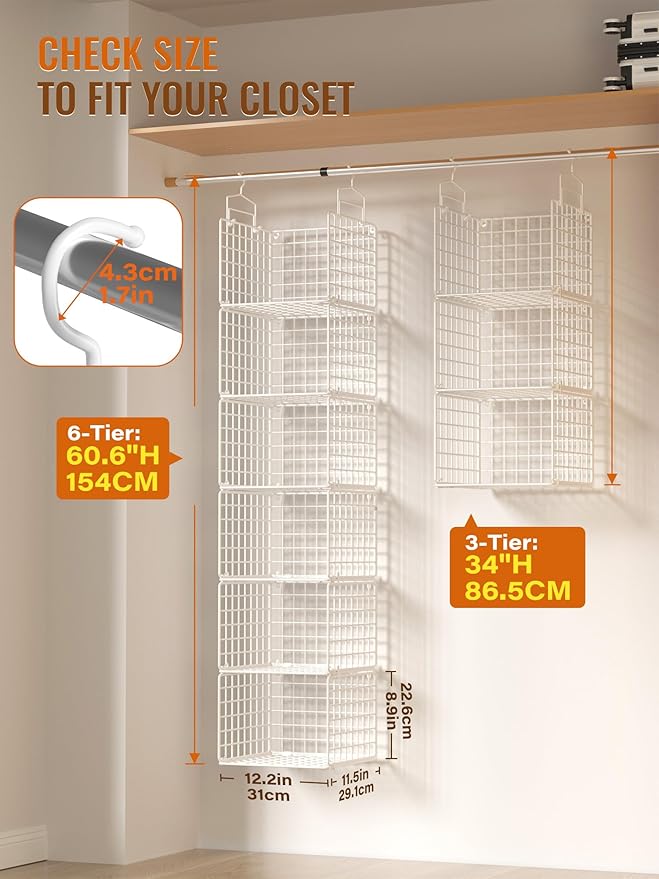 6 Tier Closet Hanging Organizer, Metal Closet Organizers and Storage with 4 Hanging Hooks 4 S-Hooks for Wardrobe Laundry Room, Wire Storage Shelf for Clothes Sweaters Pants (White)