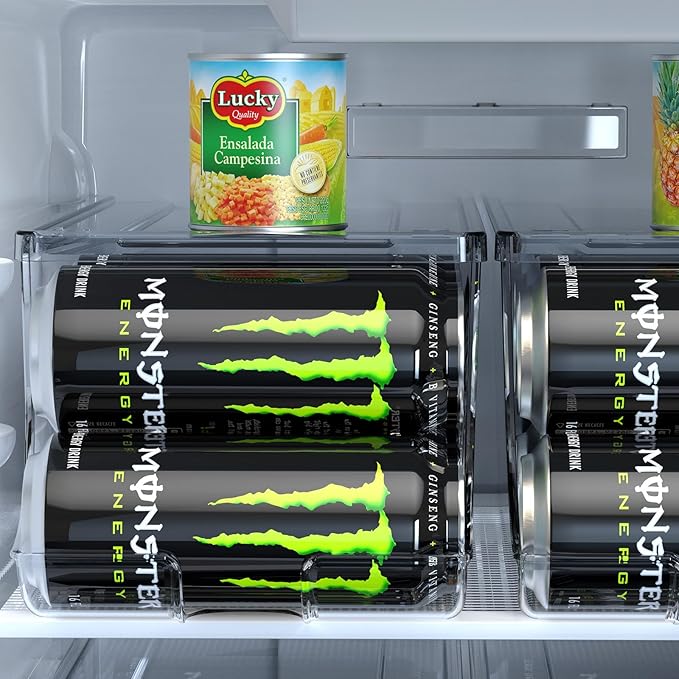 SCAVATA 2 Pack Tall Skinny Can Organizer for Refrigerator, Stackable Large Soda Cans of 16oz & 17oz Beverage Energy Drink Container Holder Dispenser with Lid for Fridge, Clear Storage Plastic Bins
