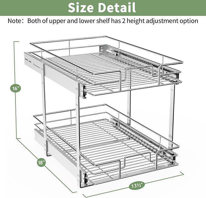 ROOMTEC Pull Out Cabinet Organizer (14" W x 18" D),2 Tier Pull Out Storage Shelf Drawer Basket,Sliding Shelves for Base Cabinet Organization in Kitchen, Bathroom, Pantry