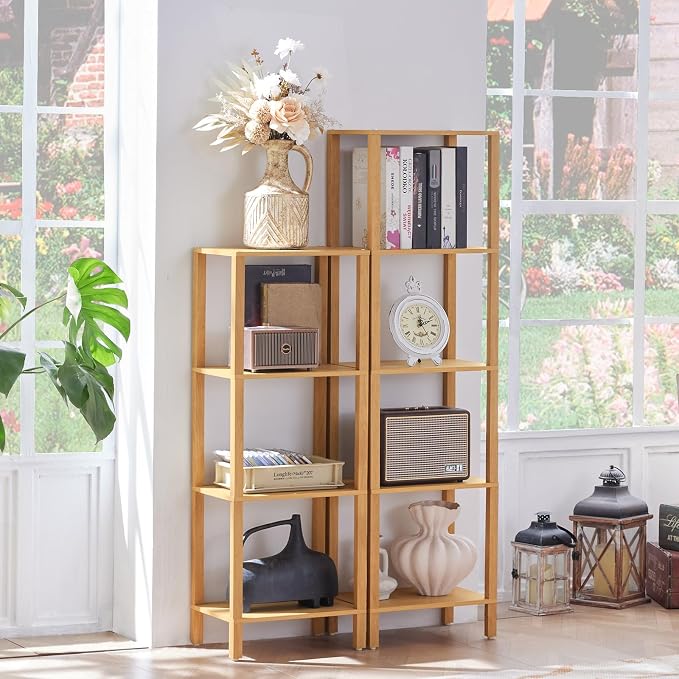 YUFAM 4 Tier Tall Bookshelf with Storage - Small Bookcase for Small Spaces, Shelf for Living Room, Office, Bedroom, Kitchen - Industrial Modern Natural Book Shelf