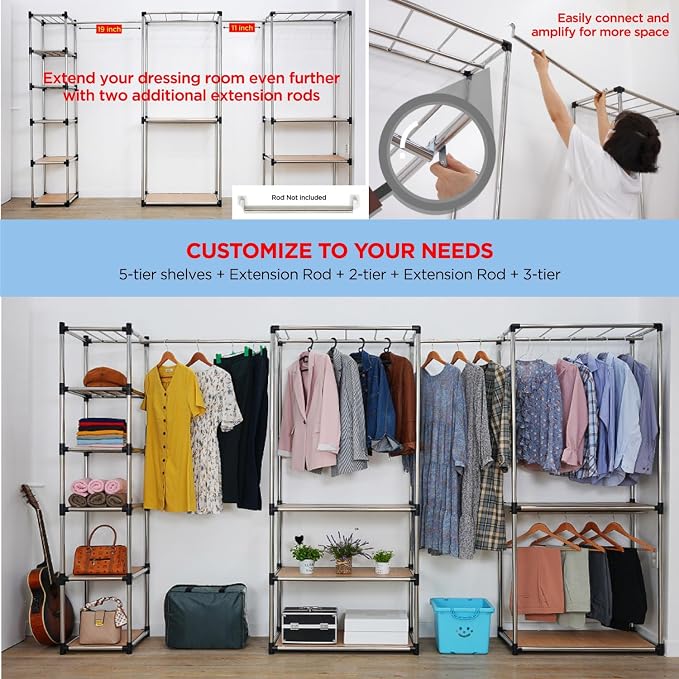 Letusto Premium Stainless Steel Freestanding Closet Organizer System - Easy Assembly, Durable, and Versatile - Heavy Duty Adjustable Portable Wardrobe Clothing Rack (3 Tier)